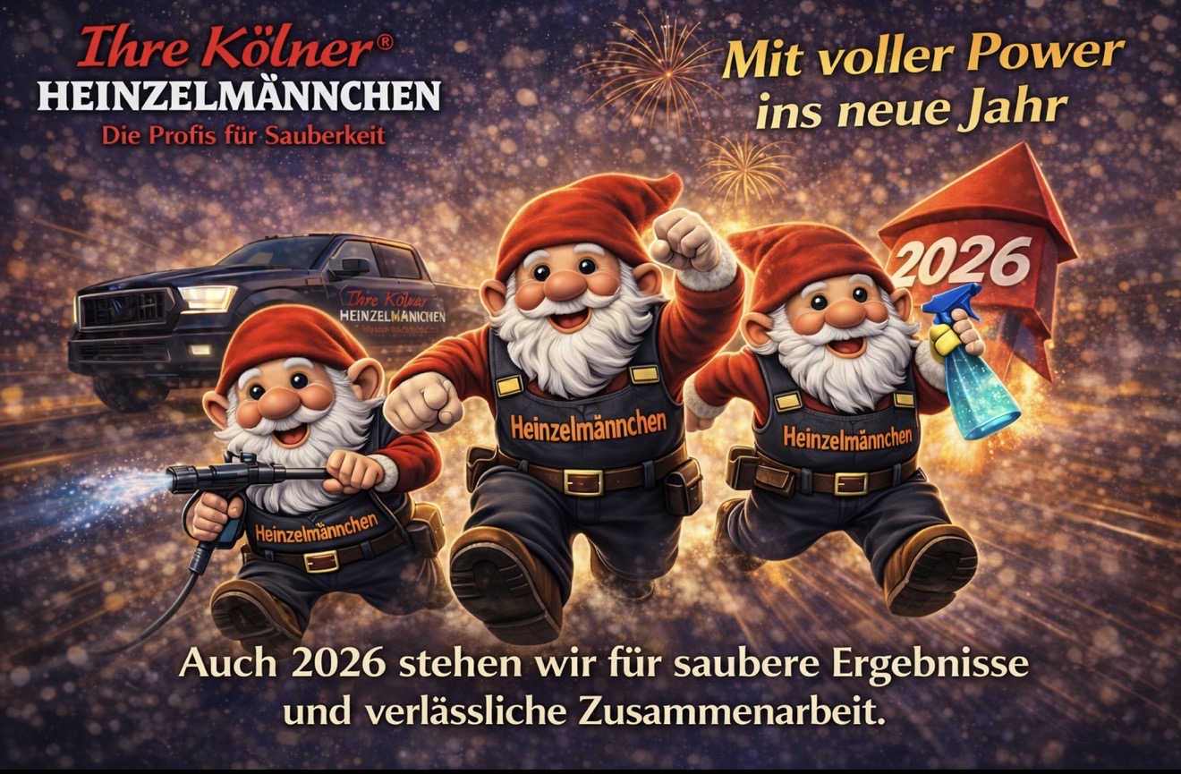Abbildung von Heinzelmännchen mit Feuerwerk im Hintergrund und der Aufschrift: Mit voller Power ins neue Jahr. Auch 2026 stehen wir für saubere Ergebnisse und verlässliche Zusammenarbeit.